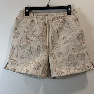 Men's Flat Front Cream Patterned Drawstring Shorts
